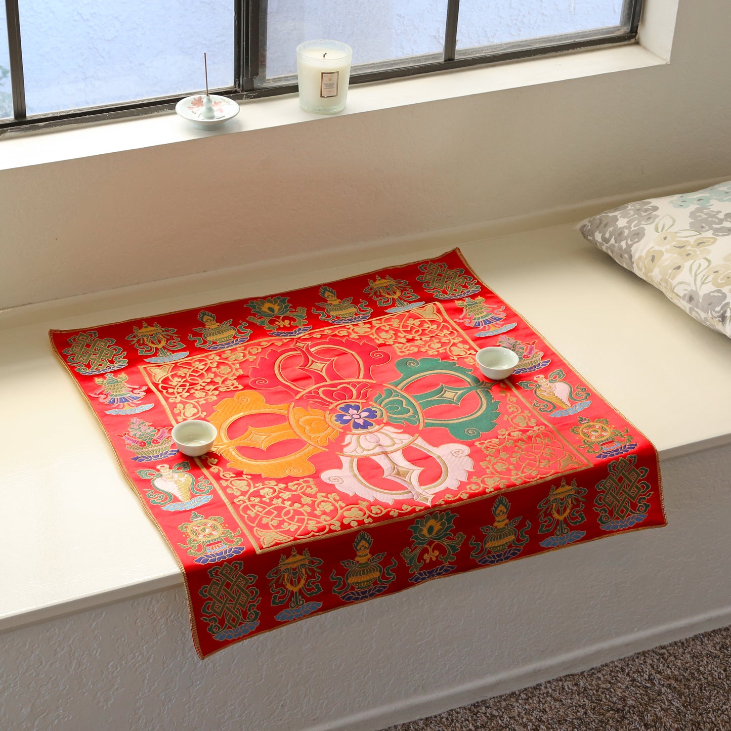 Tibetan Buddhist Ashtamangala Vajra Silk Brocade Shrine Table Cover Altar Cloth, 28”X28”, Red