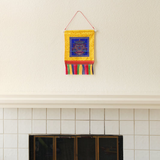 Tibetan Buddhist Ashtamangala Wall Hanging Tassels Tapestry, 18"X12", Asian Chinese Indian Wall Art Home Décor