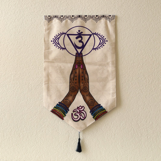 Buddhist Om Prayer Hands Large Canvas Tapestry Wall Hanging, 19.5"X32", Buddhist Om Asian Chinese Indian Wall Art Decor