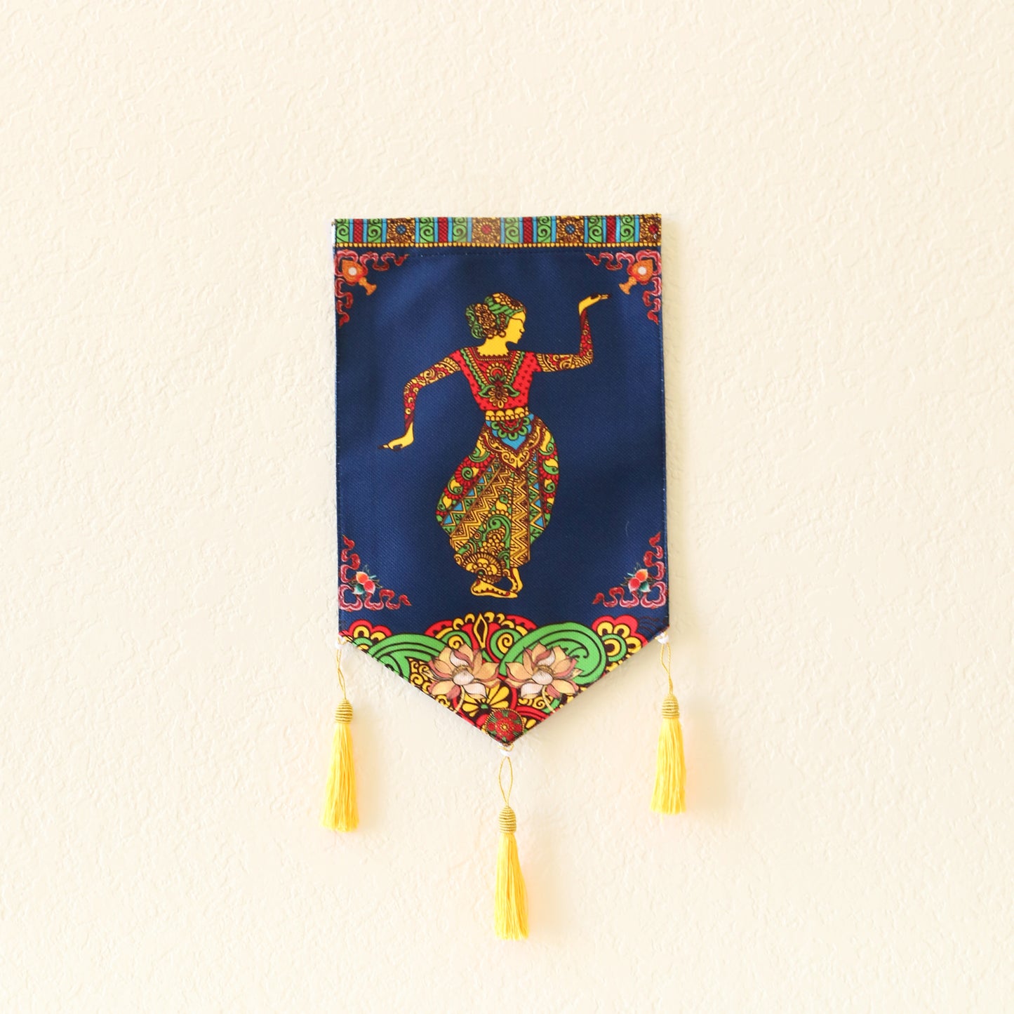 Thai Style Buddhist Om Symbol Small Canvas Tapestry Wall Hanging Tassels, 9.5"X16", Asian Chinese Indian Wall Art
