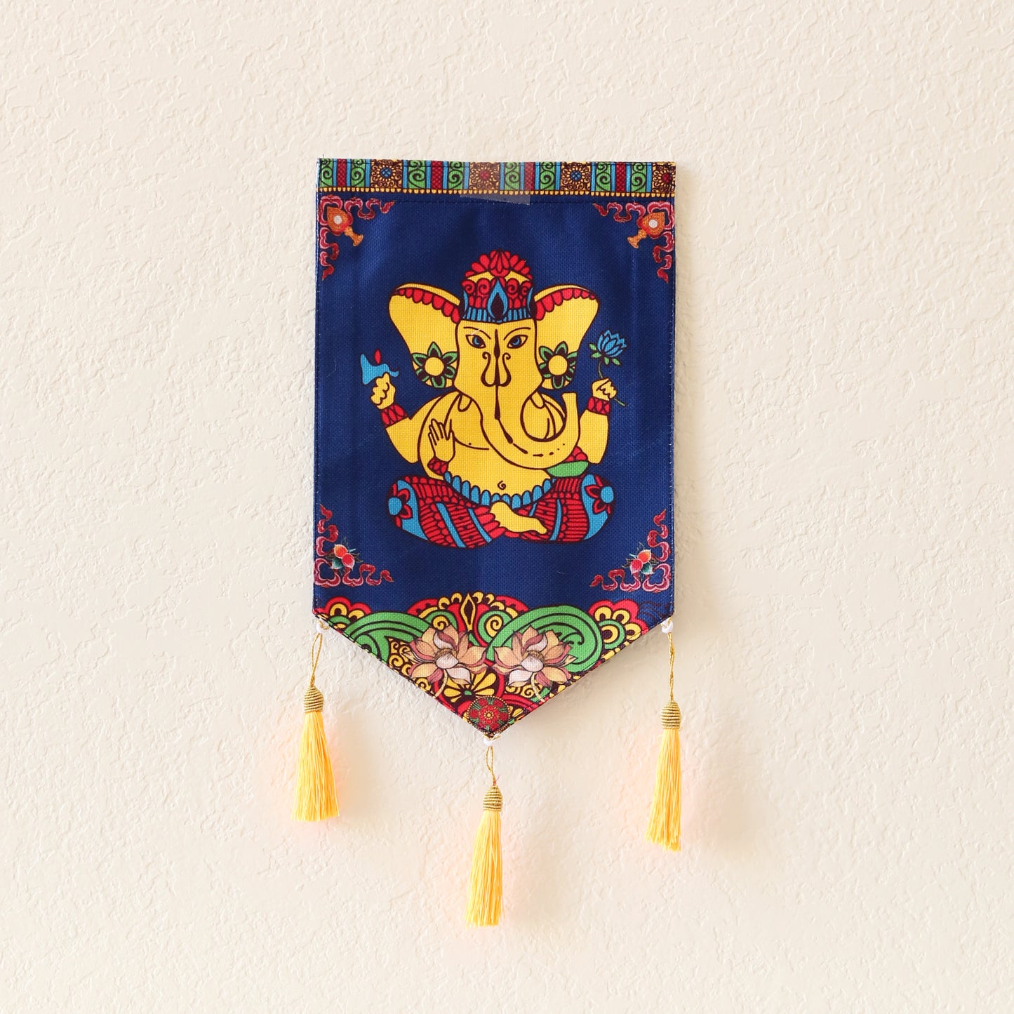 Thai Style Buddhist Om Symbol Small Canvas Tapestry Wall Hanging Tassels, 9.5"X16", Asian Chinese Indian Wall Art