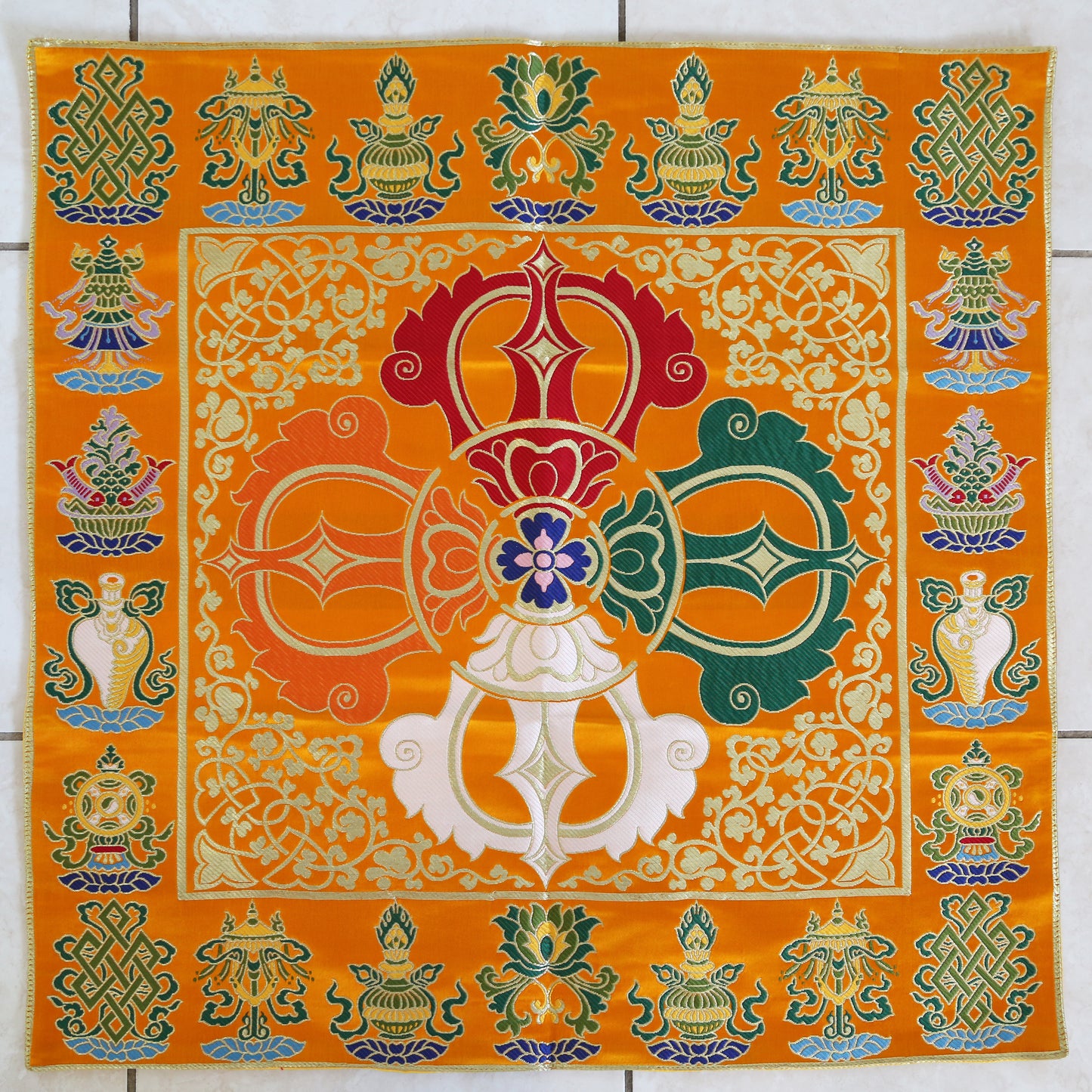 Tibetan Buddhist Ashtamangala Vajra Silk Brocade Shrine Table Cover Altar Cloth, 28”X28”, Red
