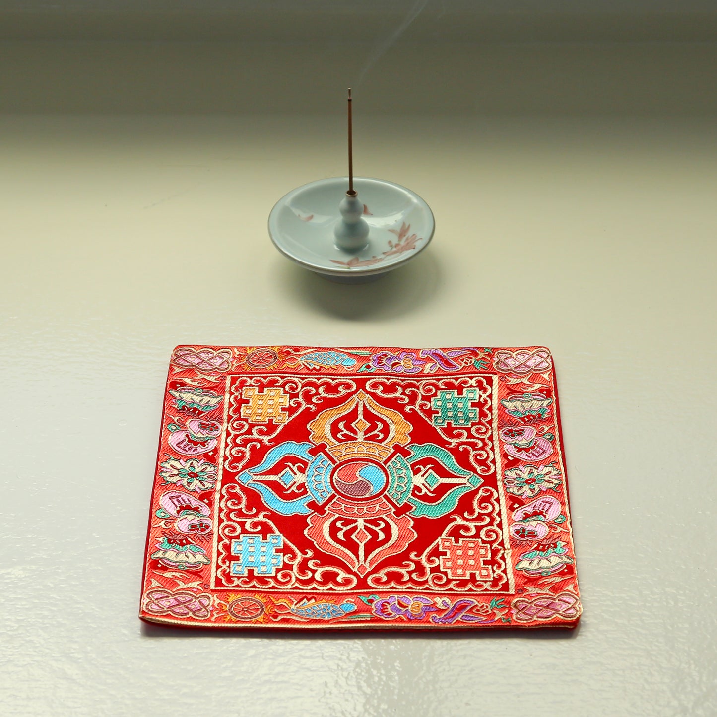 Tibetan Buddhist Cross Vajra Silk Brocade Shrine Table Cover Altar Cloth, 8”X8”, Red/Blue/Yellow
