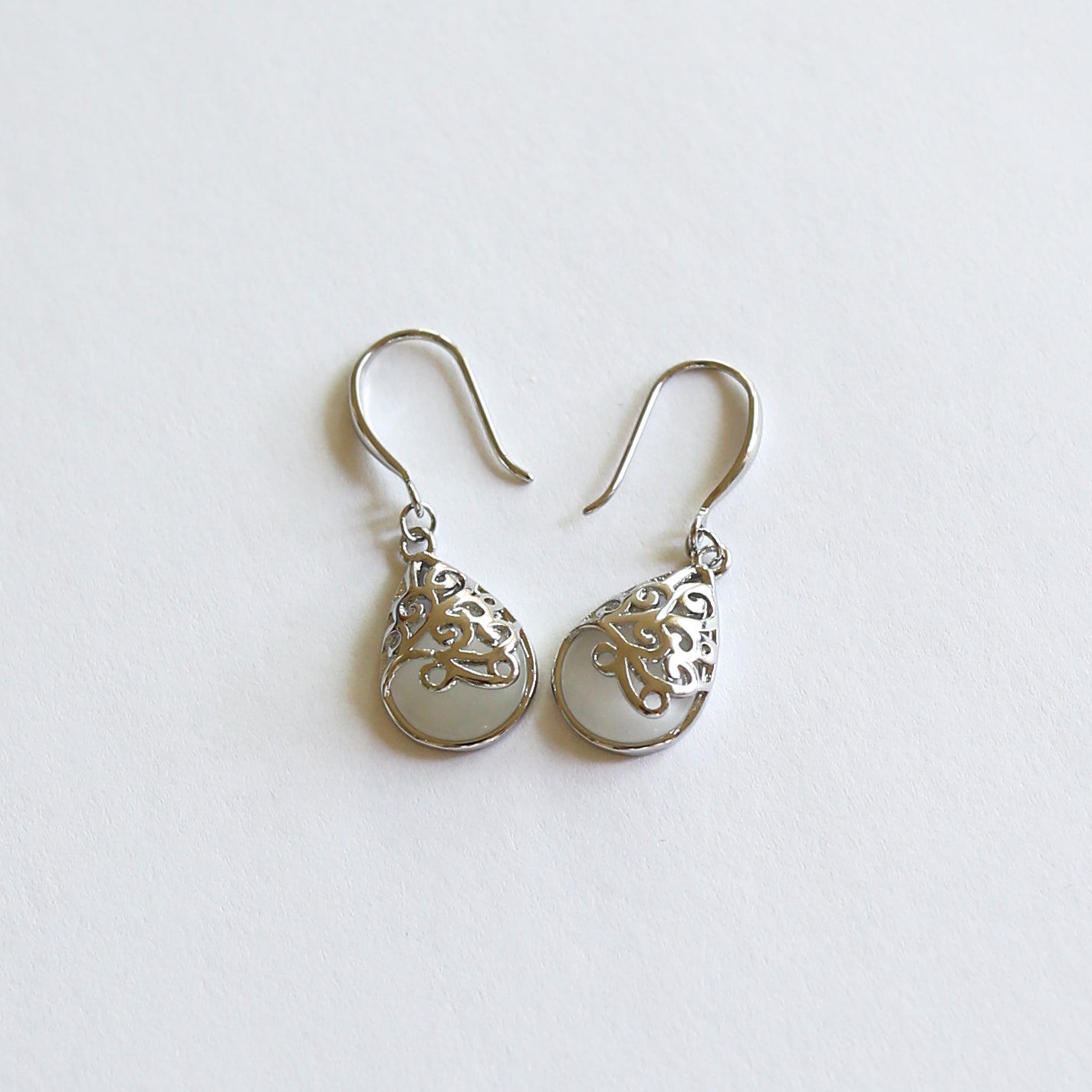 Cats Eye Silver Boho Chic Dangle and Drop Earrings, Pink or White