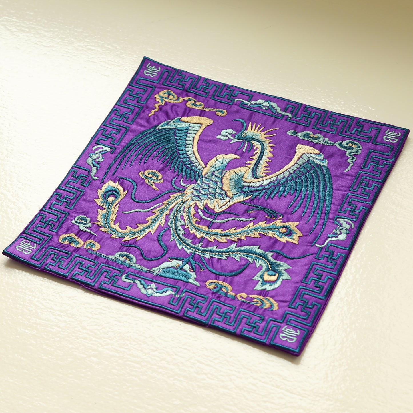 Traditional Chinese Phoenix Embroider Silk Brocade Shrine Table Cover Altar Cloth, 10.5”X10.5”, Purple/Yellow
