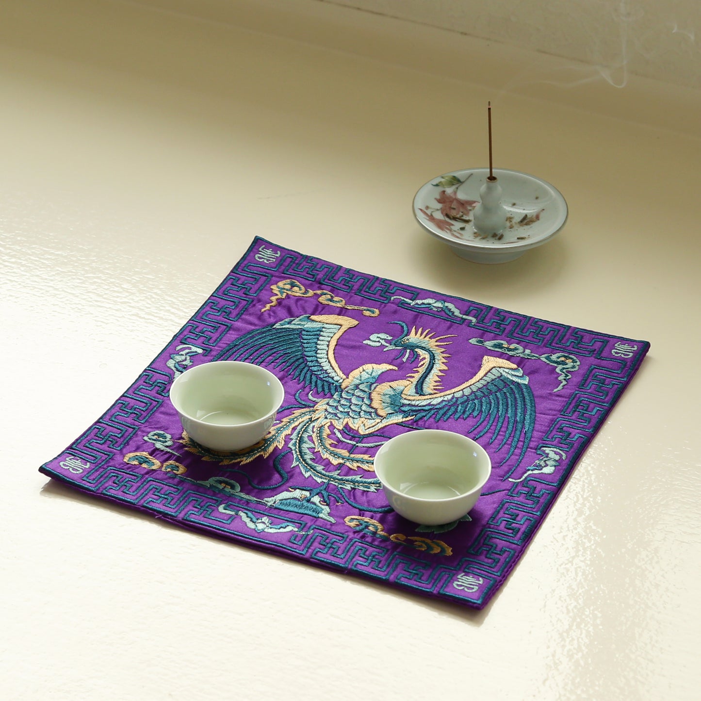 Traditional Chinese Phoenix Embroider Silk Brocade Shrine Table Cover Altar Cloth, 10.5”X10.5”, Purple/Yellow