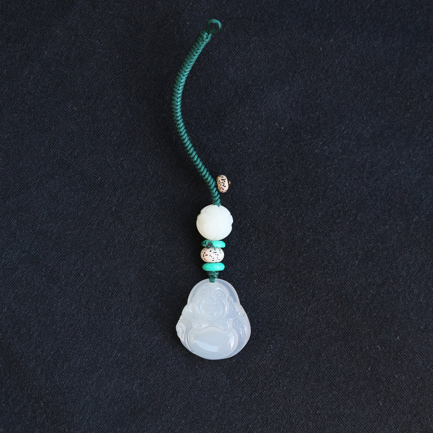 Carved Maitreya Buddha Keychain Lucky Bag Charm, White Jade-Look Resin Pendant Zipper Charm, Tibetan Buddhism Car Mirror Charm Lanyard (S)