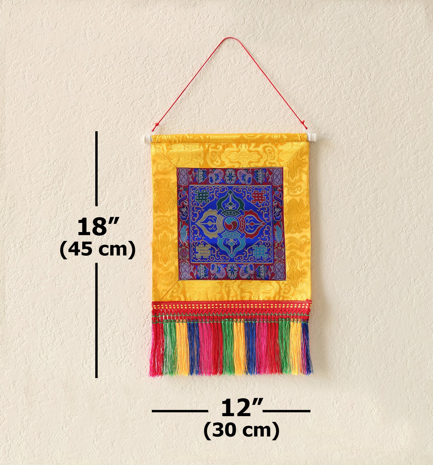 Tibetan Buddhist Cross Vajra Dorje Wall Hanging Tassels Small Tapestry, 18"X12", Asian Chinese Indian Wall Art Home Décor