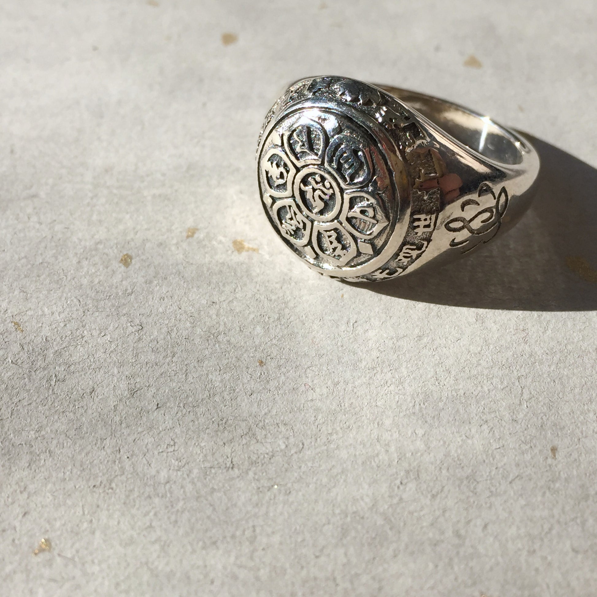Guan Yin Bodhisattva Buddhist Prayers Symbols Sterling Silver Ring, Tibetan Buddhist Ring.