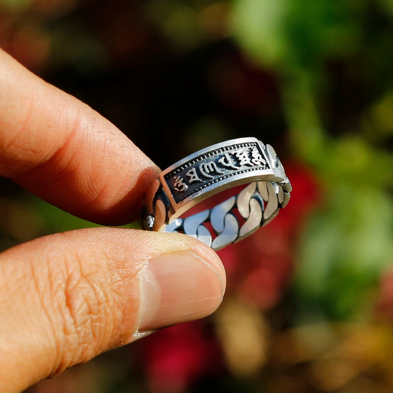 Adjustable Chain-Style Buddhism Prayer Symbol Sterling Silver Ring, Tibetan Buddhist Ring, Mens Ring, Meditation Om Ring, Chinese (S)