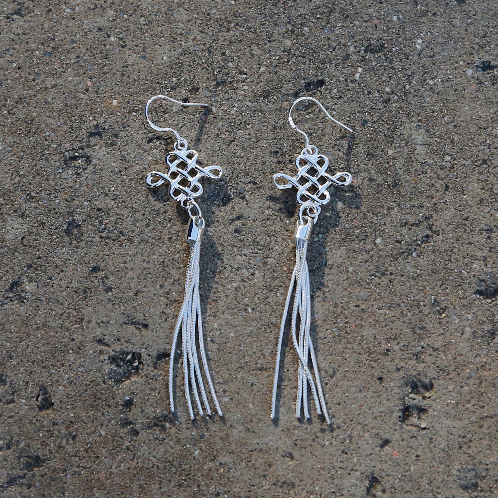 Chinese Lucky Knot Boho Chic Dangle and Drop Silver Earrings - ZentralDesigns