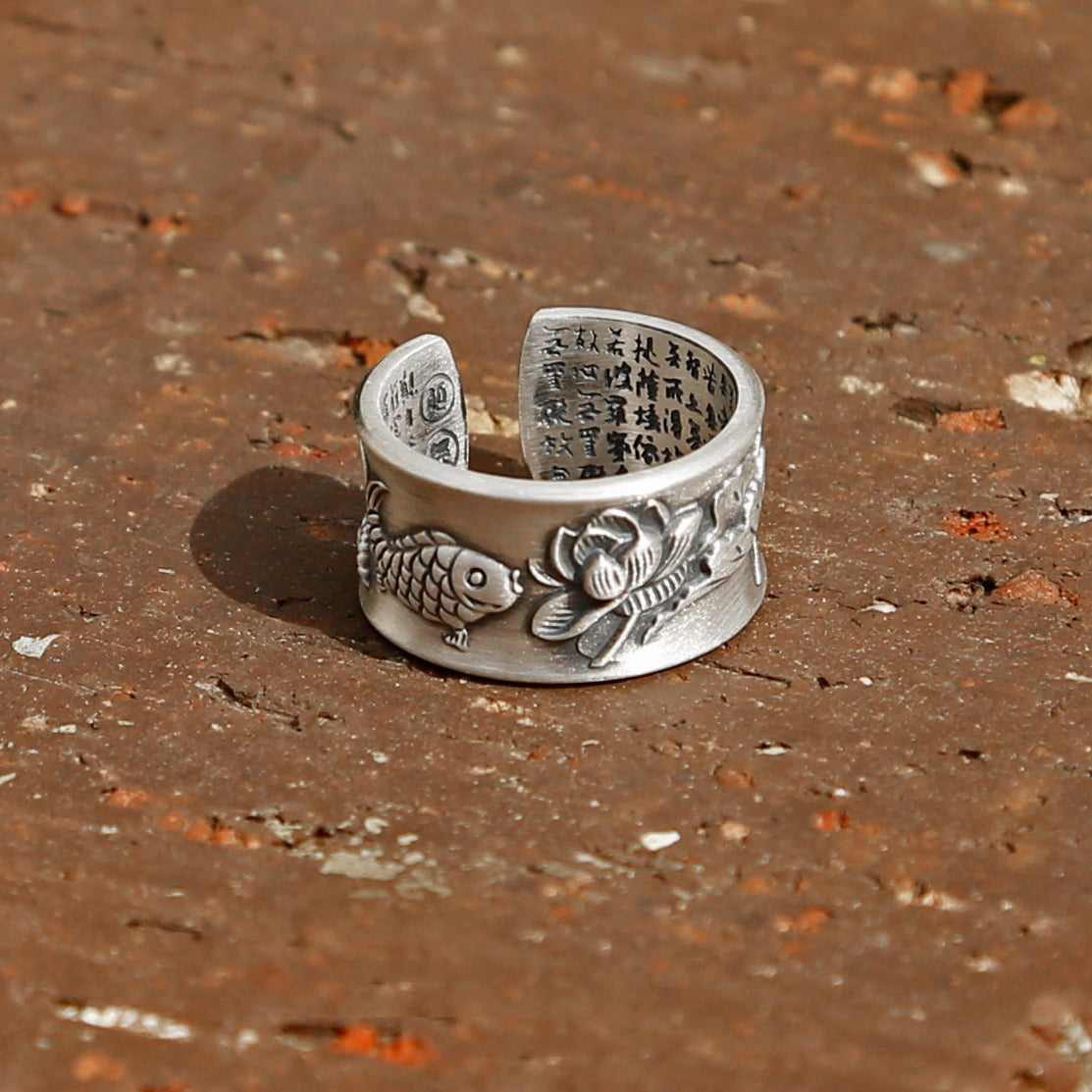 Vintage Style Engraved Lotus & Fish Adjustable Silver Ring, Buddhist Sutra Mens Ring - ZentralDesigns