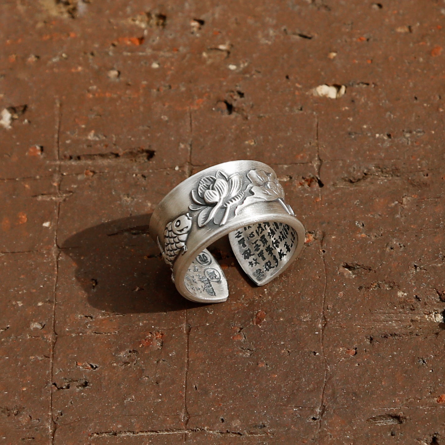 Vintage Style Engraved Lotus & Fish Adjustable Silver Ring, Buddhist Sutra Mens Ring - ZentralDesigns