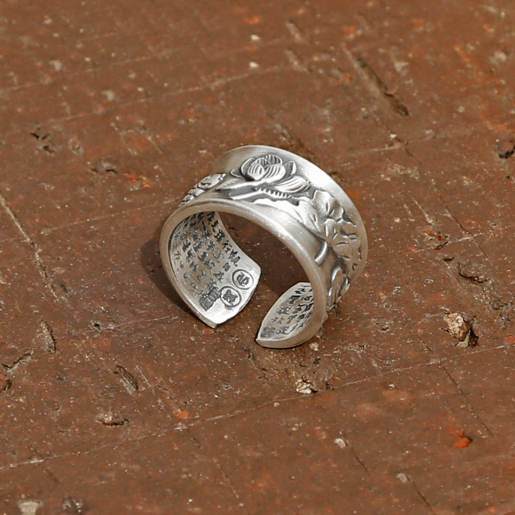 Vintage Style Engraved Lotus & Fish Adjustable Silver Ring, Buddhist Sutra Mens Ring - ZentralDesigns