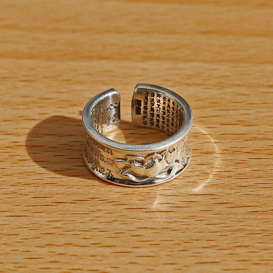 Engraved Lotus with Buddhist Sutra Adjustable Sterling Silver Ring, Tibetan Buddhist Ring, Meditation Ring - ZentralDesigns