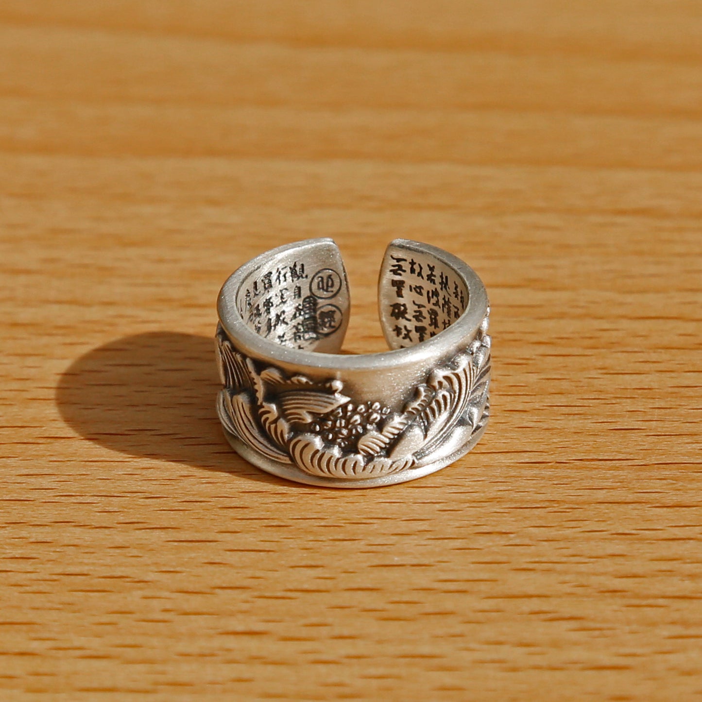 Vintage Style Engraved Peony Adjustable Silver Ring, Buddhist Sutra Mens Ring - ZentralDesigns