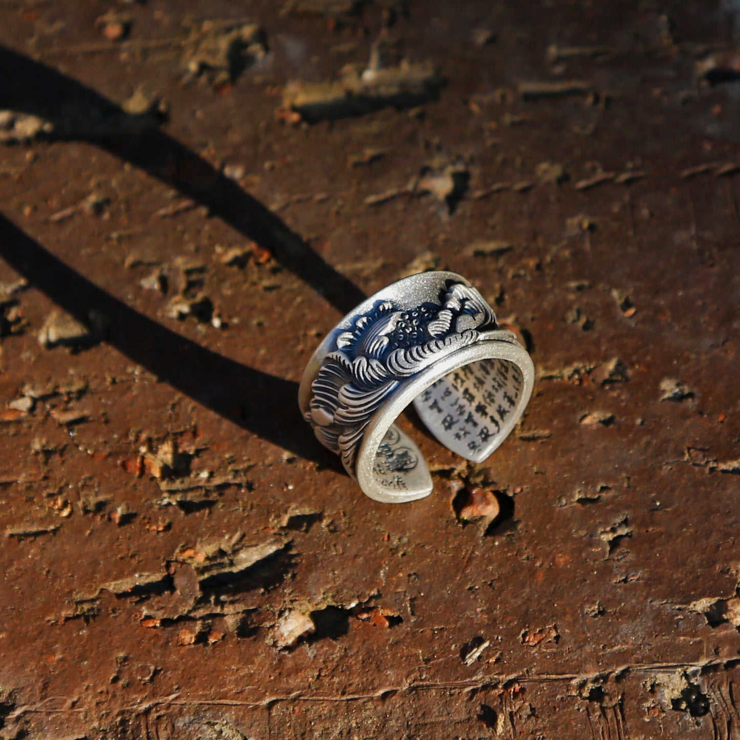 Vintage Style Engraved Peony Adjustable Silver Ring, Buddhist Sutra Mens Ring - ZentralDesigns