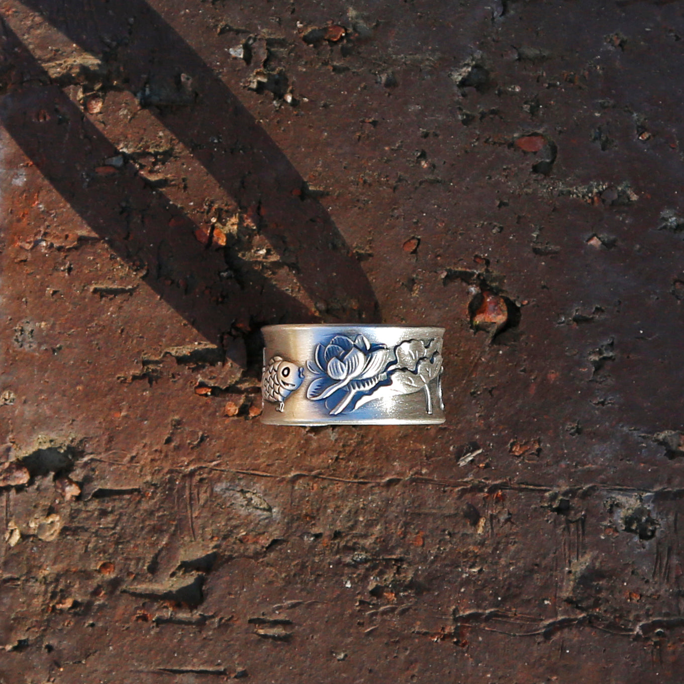 Vintage Style Engraved Lotus & Fish Adjustable Silver Ring, Buddhist Sutra Mens Ring - ZentralDesigns