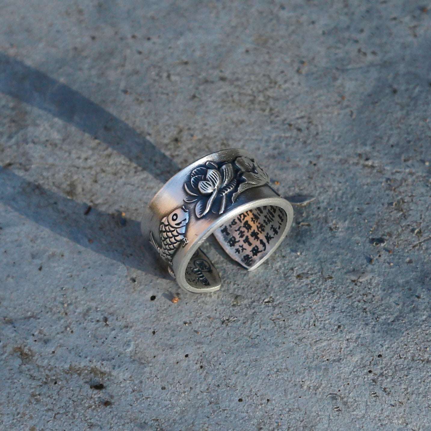 Vintage Style Engraved Lotus & Fish Adjustable Silver Ring, Buddhist Sutra Mens Ring - ZentralDesigns