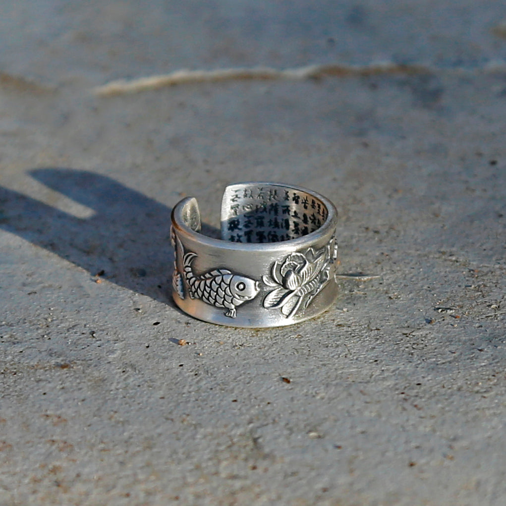 Vintage Style Engraved Lotus & Fish Adjustable Silver Ring, Buddhist Sutra Mens Ring - ZentralDesigns