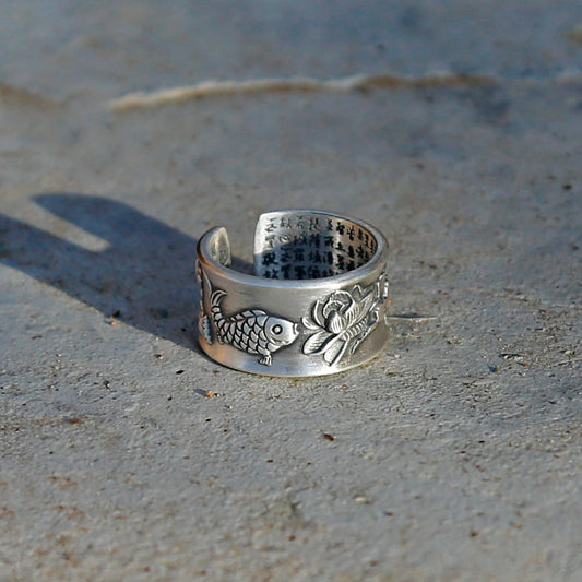 Vintage Style Engraved Lotus & Fish Adjustable Silver Ring, Buddhist Sutra Mens Ring - ZentralDesigns