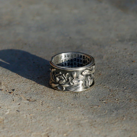Vintage Style Engraved Lotus Adjustable Silver Ring, Buddhist Sutra Mens Ring - ZentralDesigns