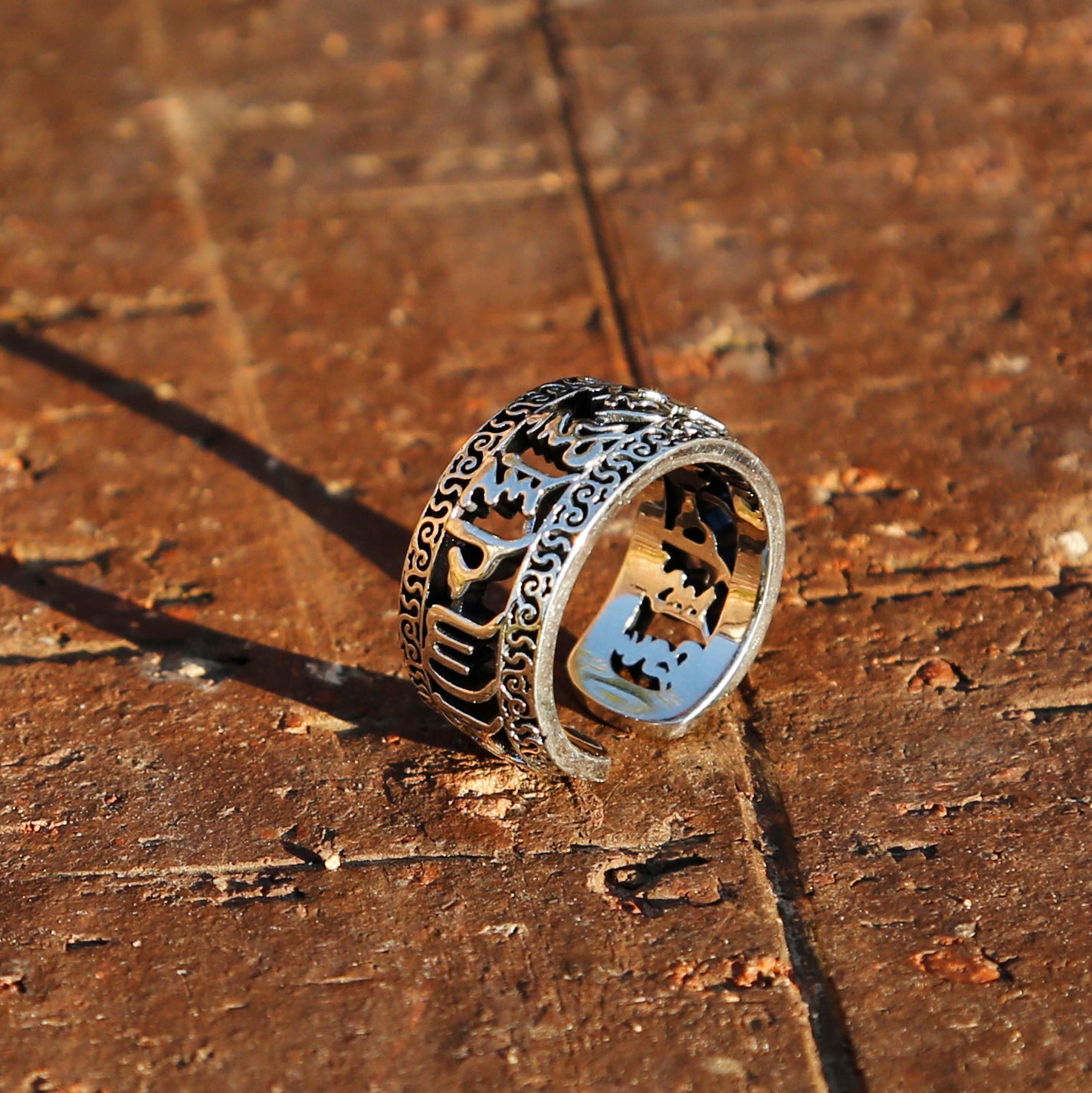 Hollowed-out Tibetan Buddhist Prayer Adjustable Sterling Silver Ring, Mens Meditation Ring, Buddhist Symbol Ring - ZentralDesigns