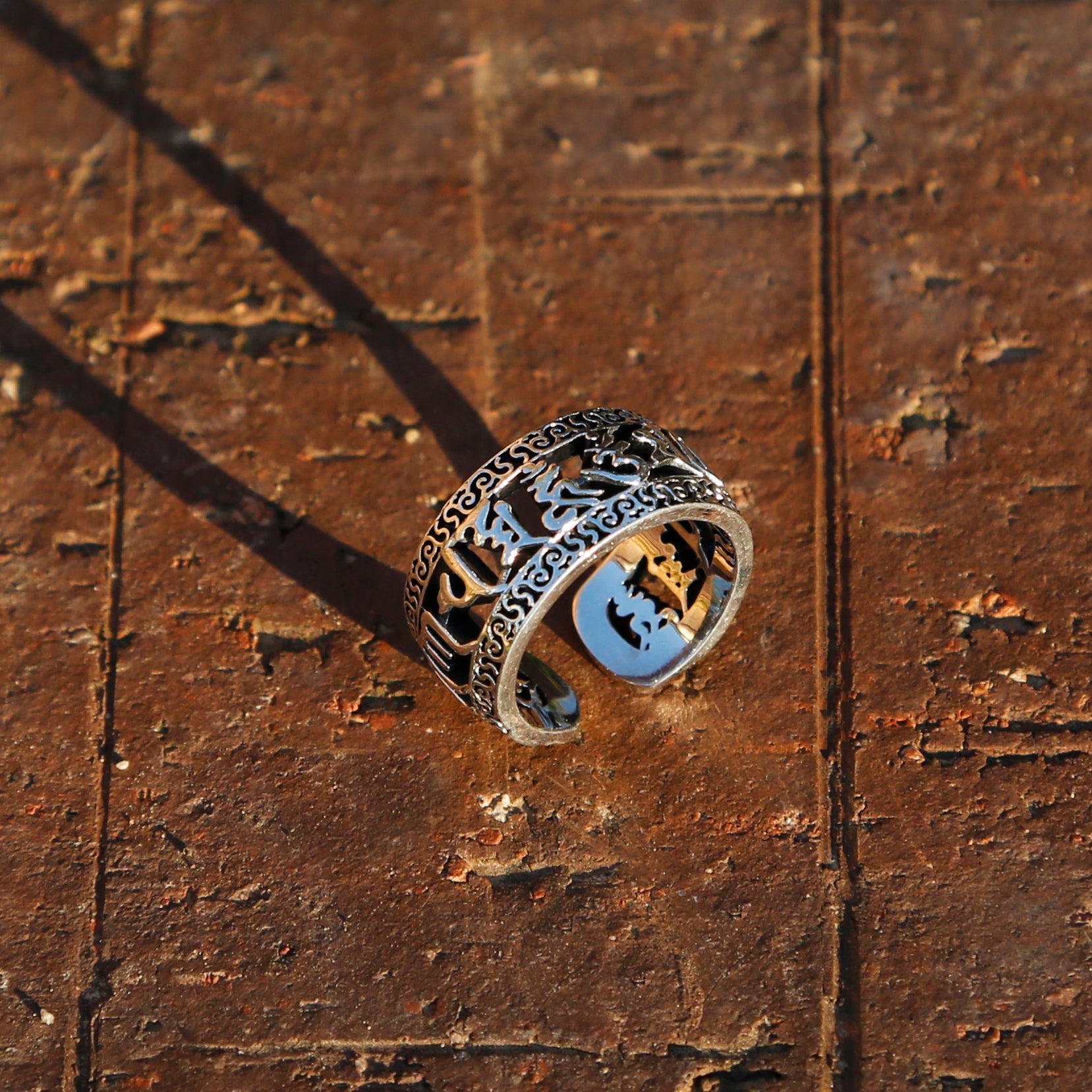 Hollowed-out Tibetan Buddhist Prayer Adjustable Sterling Silver Ring, Mens Meditation Ring, Buddhist Symbol Ring - ZentralDesigns