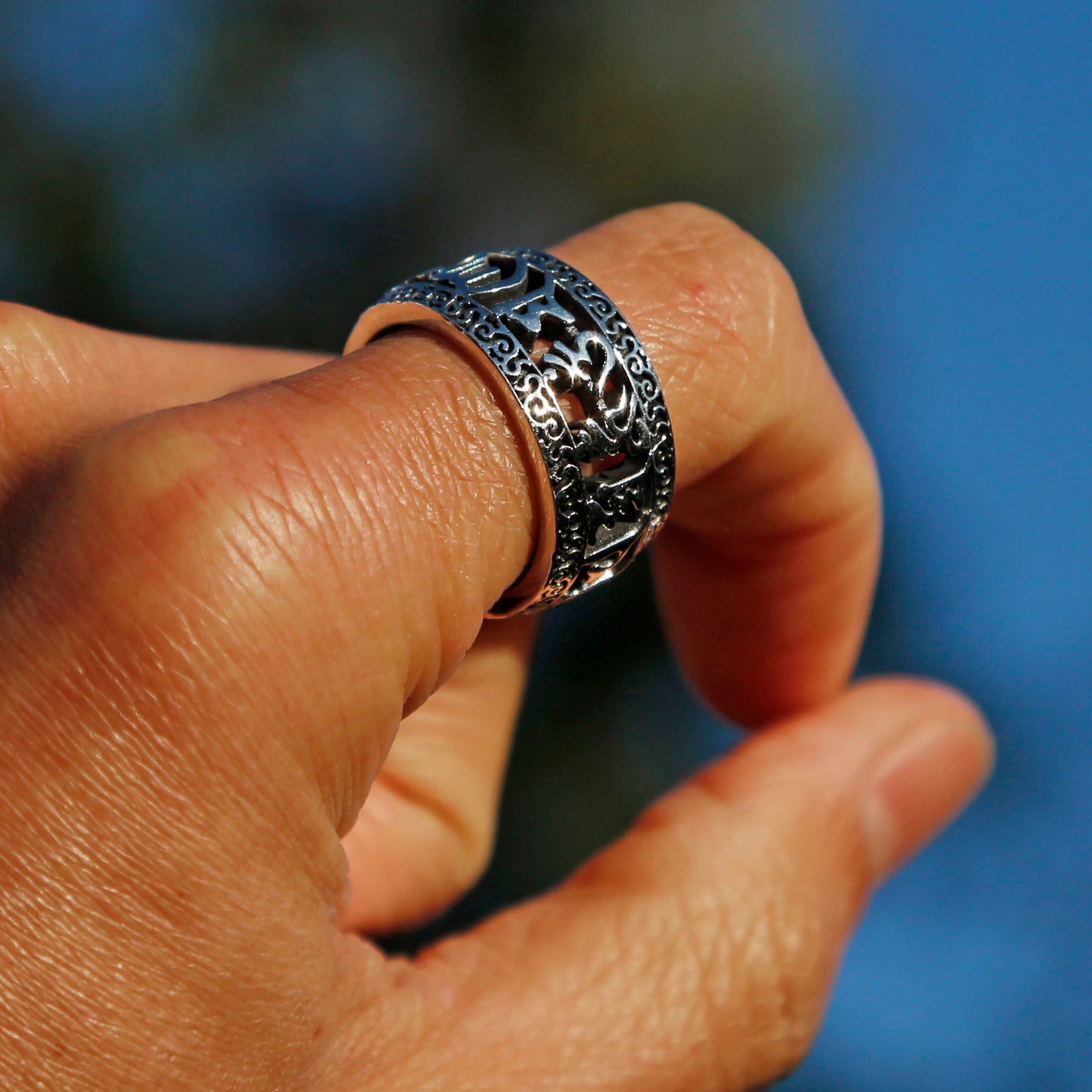 Hollowed-out Tibetan Buddhist Prayer Adjustable Sterling Silver Ring, Mens Meditation Ring, Buddhist Symbol Ring - ZentralDesigns