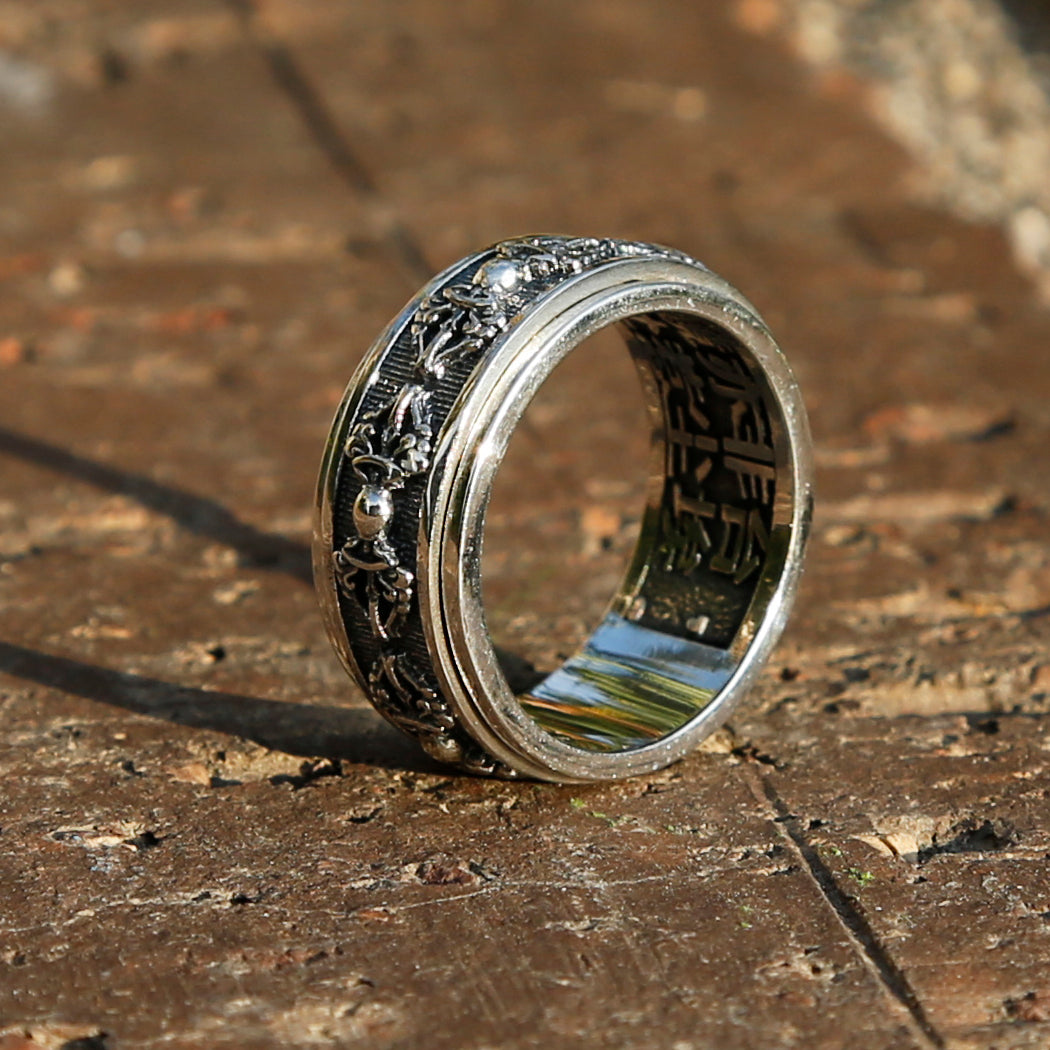 Embossed Tibetan Buddhist Symbol Vajra Sterling Silver Spinner Ring, Mens Meditation Ring, Buddhist Ring - ZentralDesigns