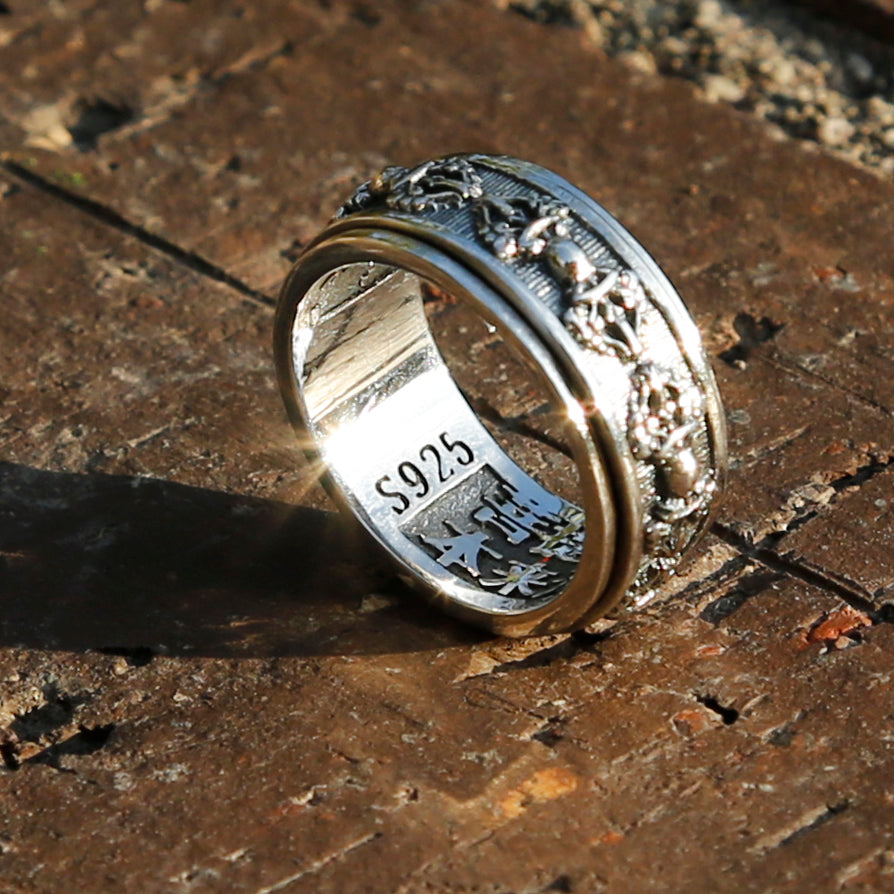 Embossed Tibetan Buddhist Symbol Vajra Sterling Silver Spinner Ring, Mens Meditation Ring, Buddhist Ring - ZentralDesigns