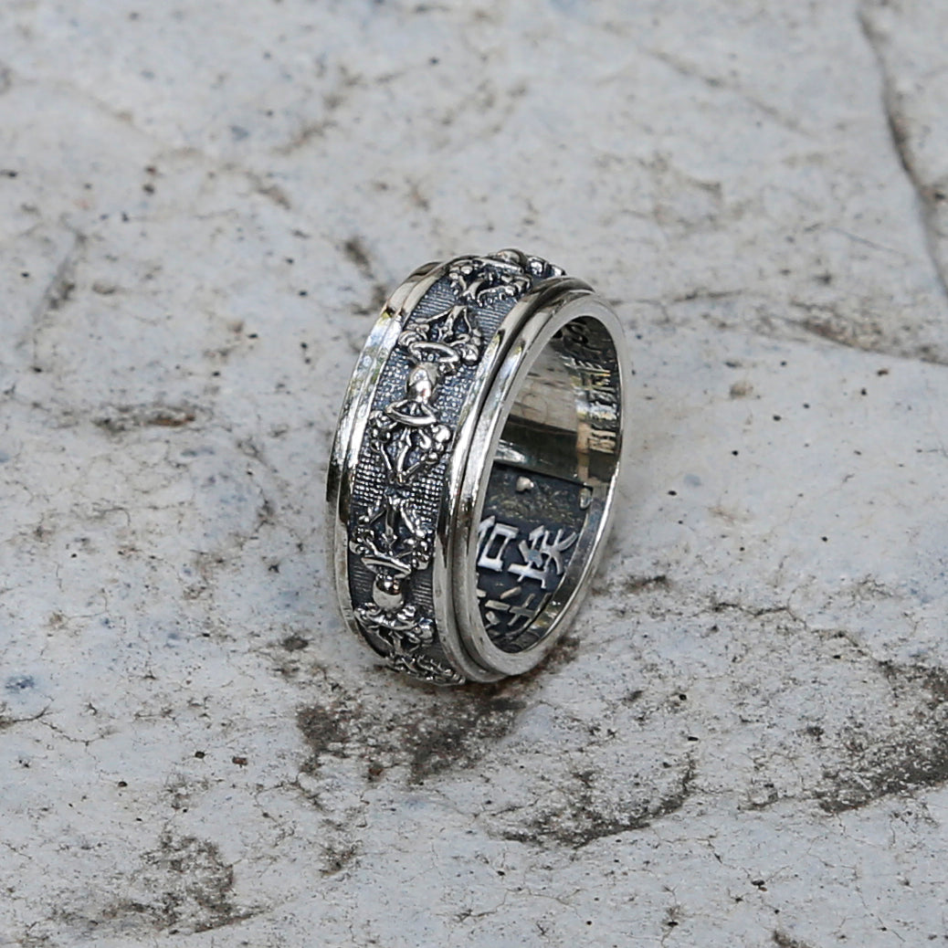 Embossed Tibetan Buddhist Symbol Vajra Sterling Silver Spinner Ring, Mens Meditation Ring, Buddhist Ring - ZentralDesigns