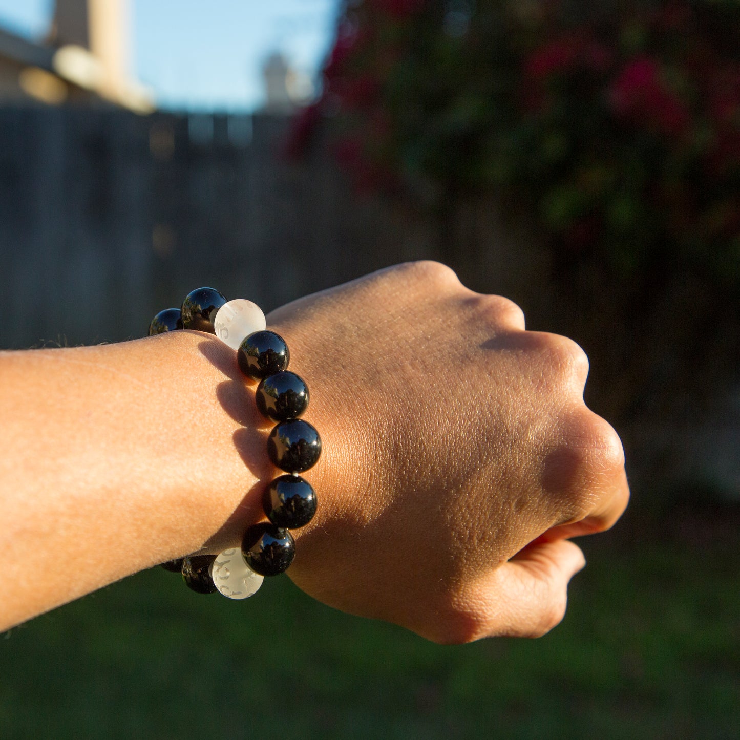 Black and White Tibetan Buddhist Prayers Symbols Beaded Bracelet, Black Onyx and Quartz Mala - ZentralDesigns