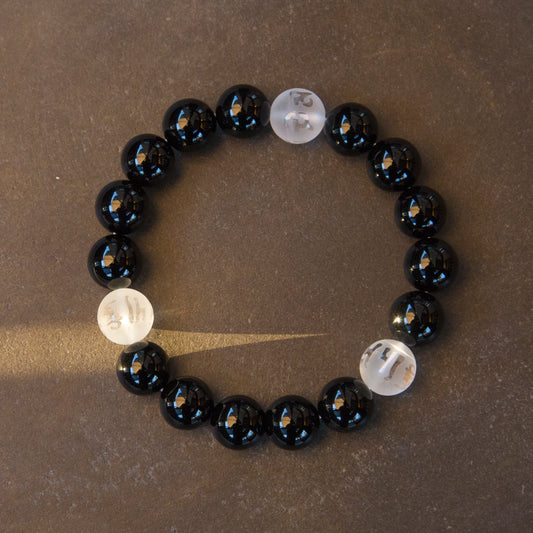 Black and White Tibetan Buddhist Prayers Symbols Beaded Bracelet, Black Onyx and Quartz Mala - ZentralDesigns