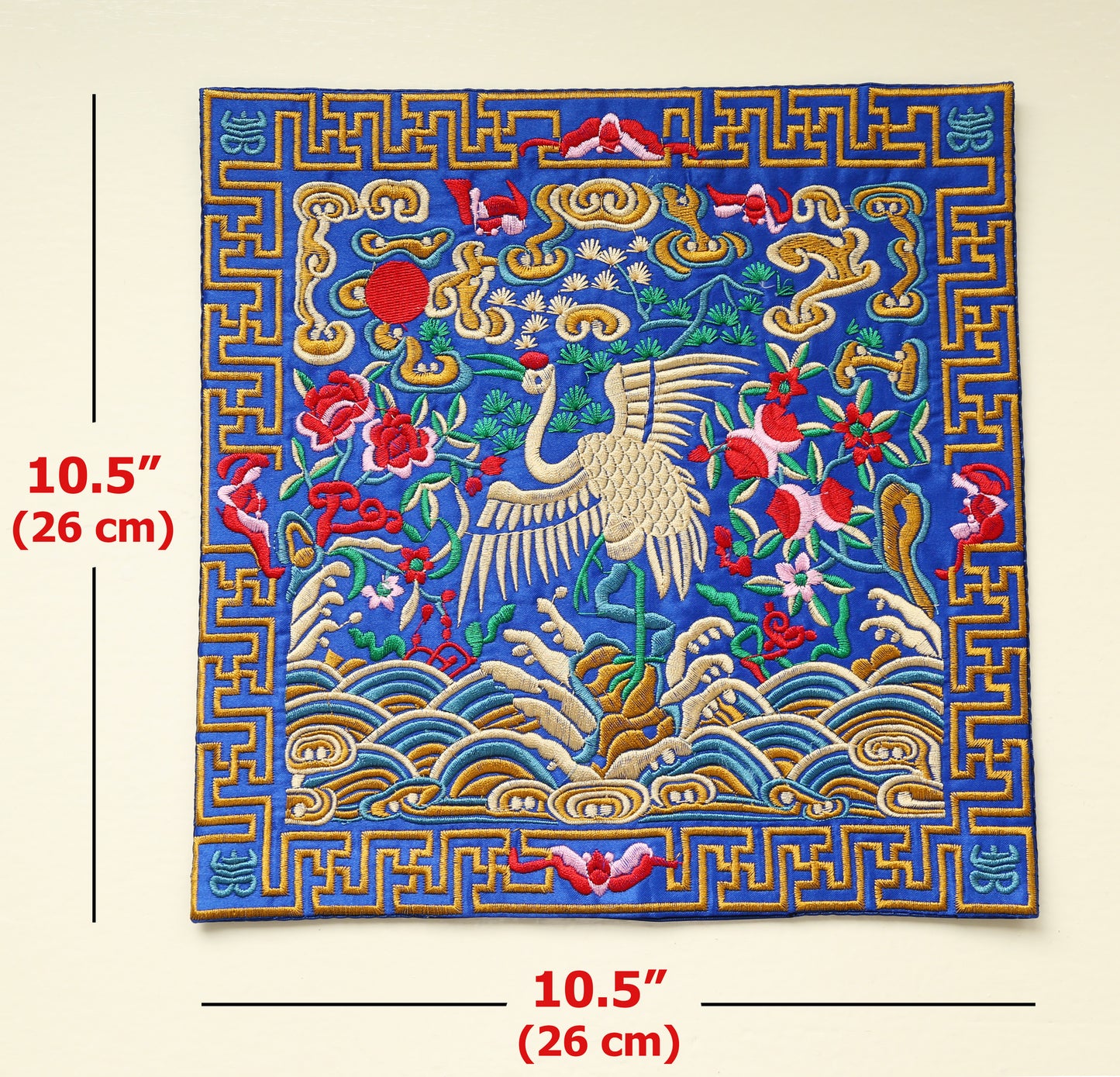 Chinese Japanese Crane Embroider Silk Brocade Shrine Table Cover Altar Cloth, 10.5”X10.5”, White/Blue/Red