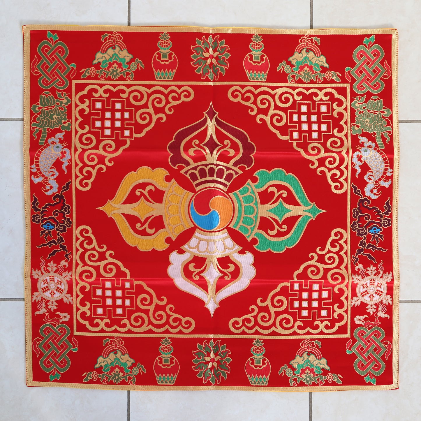 Tibetan Buddhist Cross Vajra Silk Brocade Shrine Table Cover Altar Cloth, 28”X28”, Yellow or Red