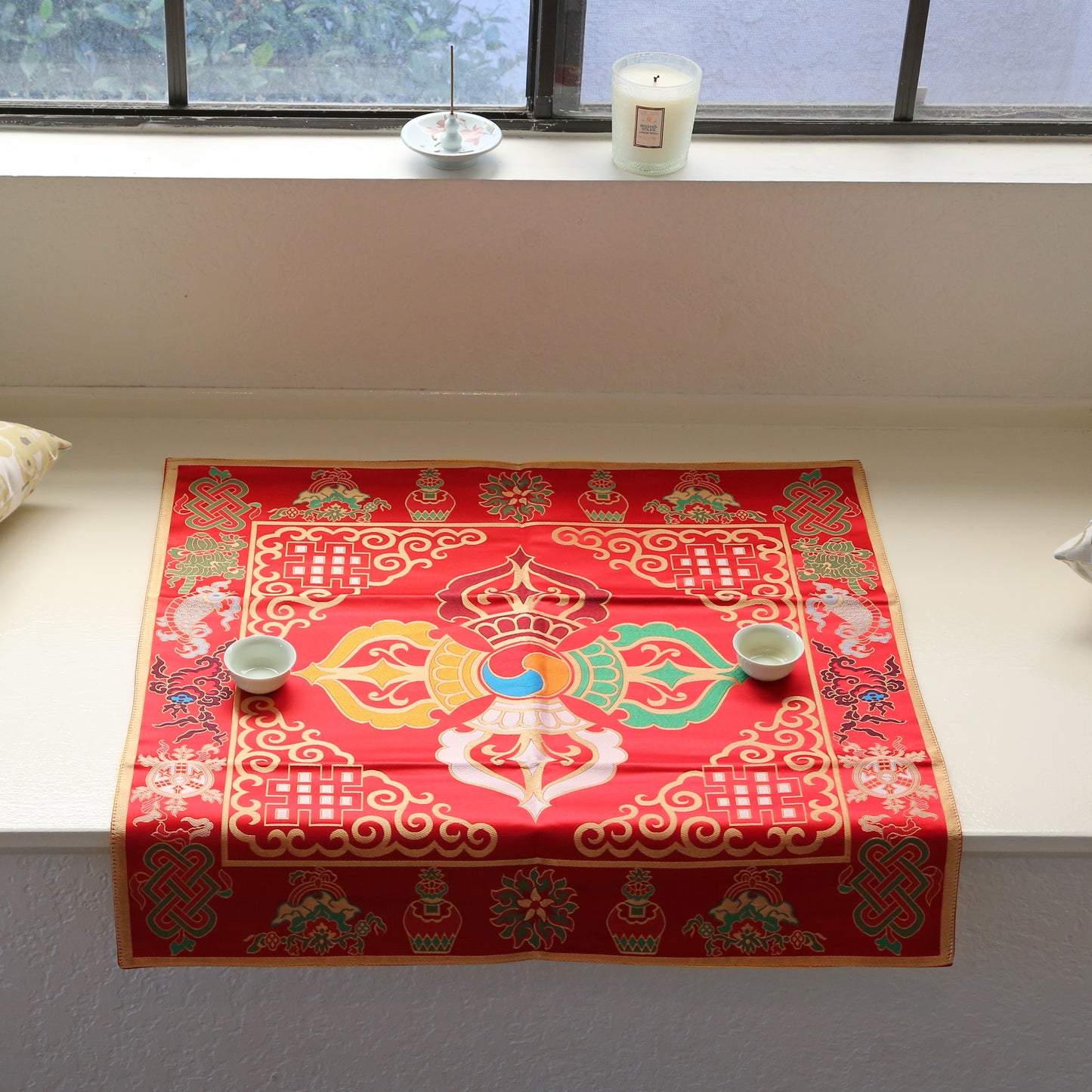 Tibetan Buddhist Cross Vajra Silk Brocade Shrine Table Cover Altar Cloth, 28”X28”, Yellow or Red