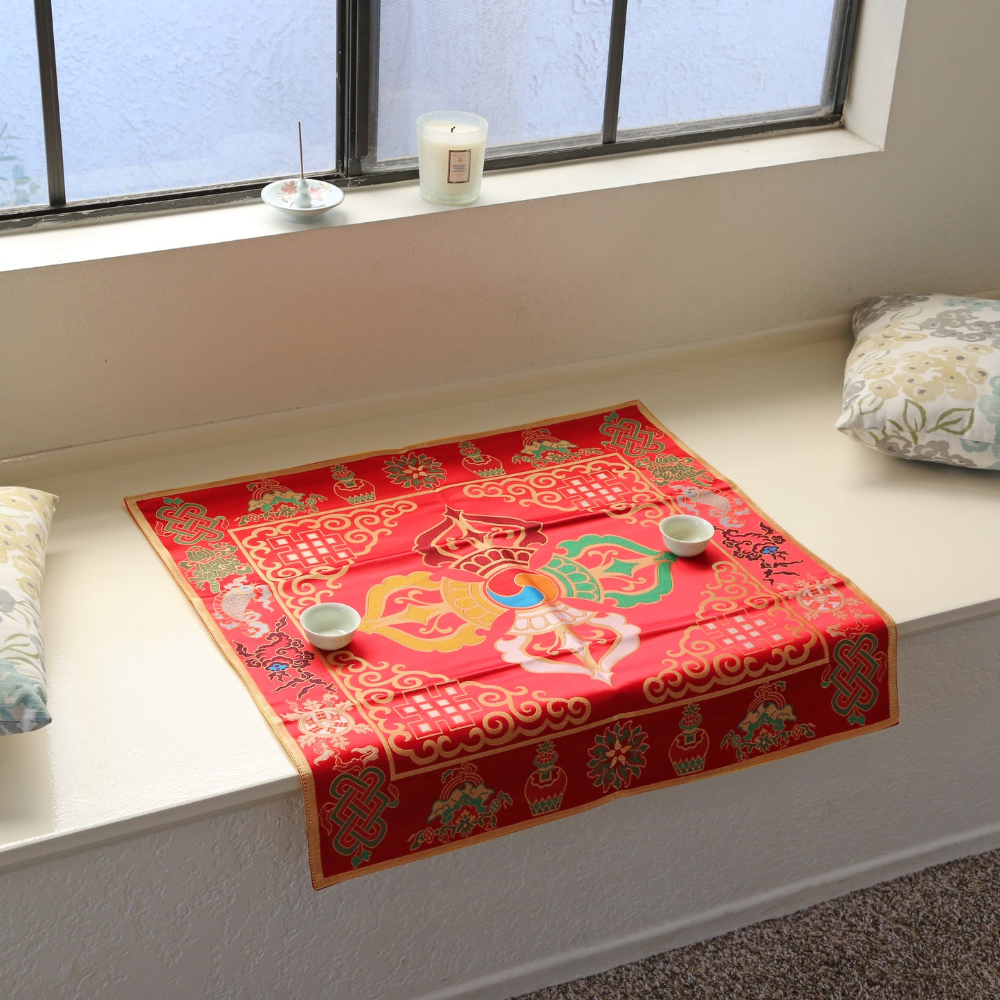 Tibetan Buddhist Cross Vajra Silk Brocade Shrine Table Cover Altar Cloth, 28”X28”, Yellow or Red