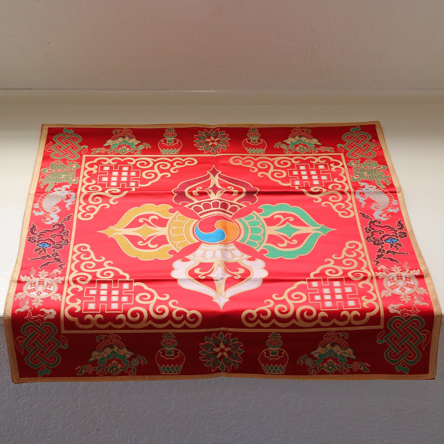 Tibetan Buddhist Cross Vajra Silk Brocade Shrine Table Cover Altar Cloth, 28”X28”, Yellow or Red