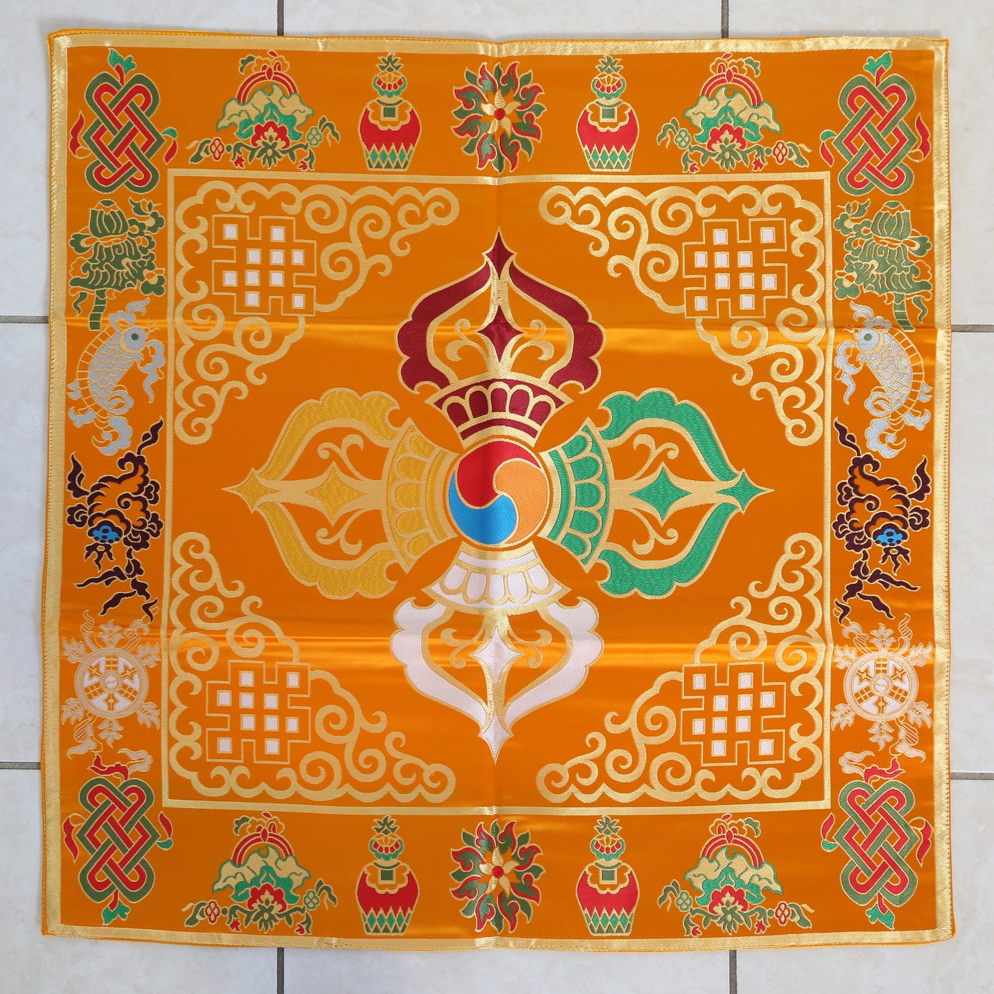 Tibetan Buddhist Cross Vajra Silk Brocade Shrine Table Cover Altar Cloth, 28”X28”, Yellow or Red