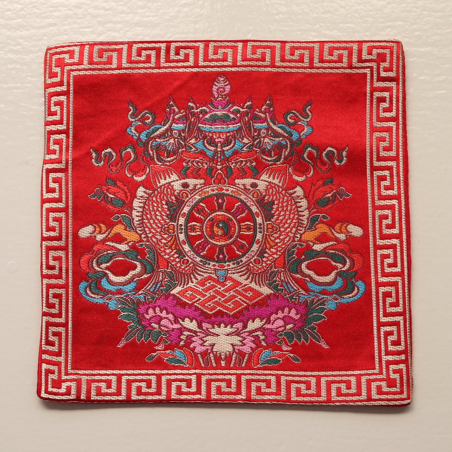 Tibetan Buddhist Ashtamangala Silk Brocade Shrine Table Cover Altar Cloth, 8”X8”, Blue/Red/Yellow