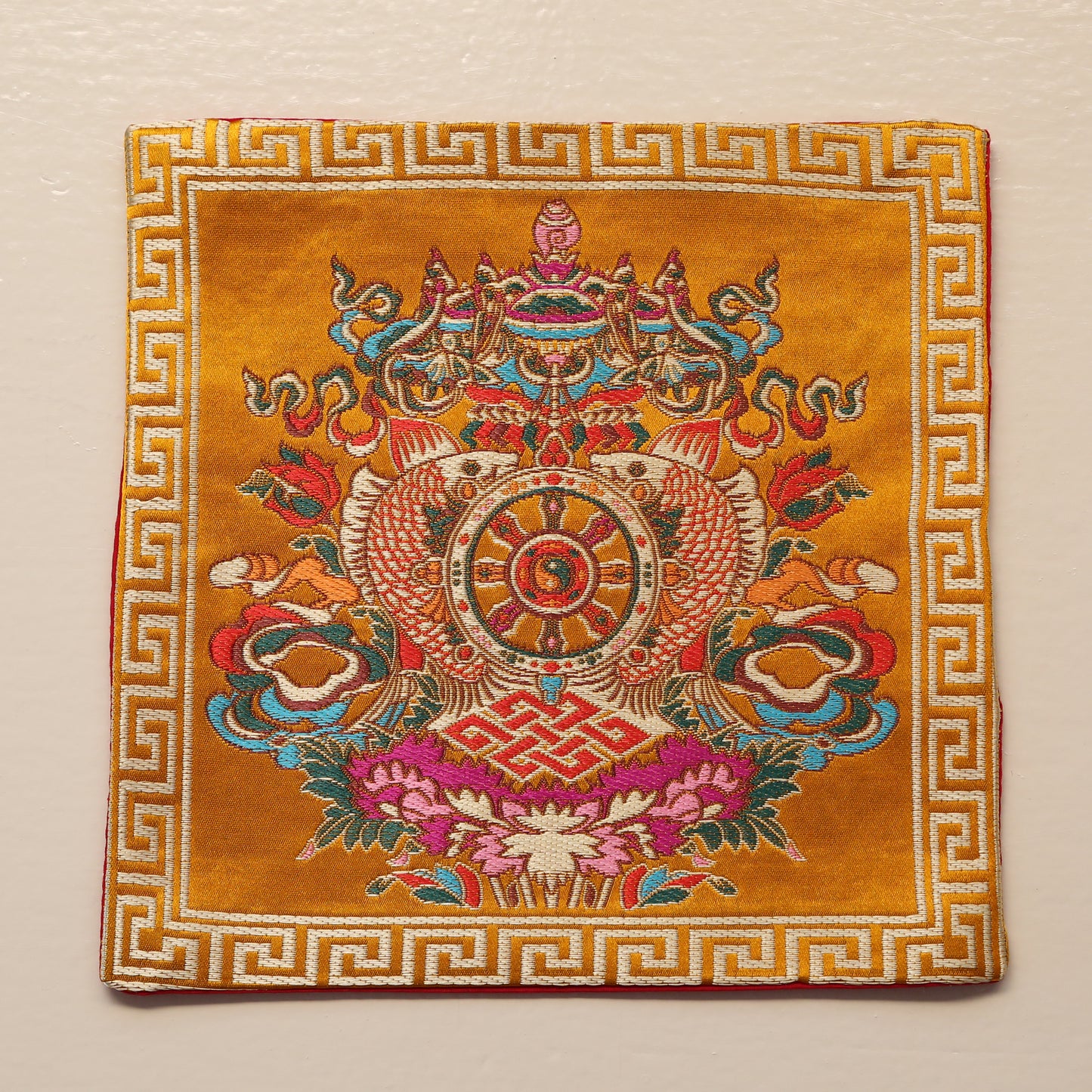 Tibetan Buddhist Ashtamangala Silk Brocade Shrine Table Cover Altar Cloth, 8”X8”, Blue/Red/Yellow