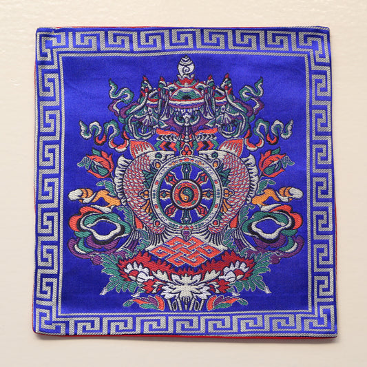 Tibetan Buddhist Ashtamangala Silk Brocade Shrine Table Cover Altar Cloth, 8”X8”, Blue/Red/Yellow