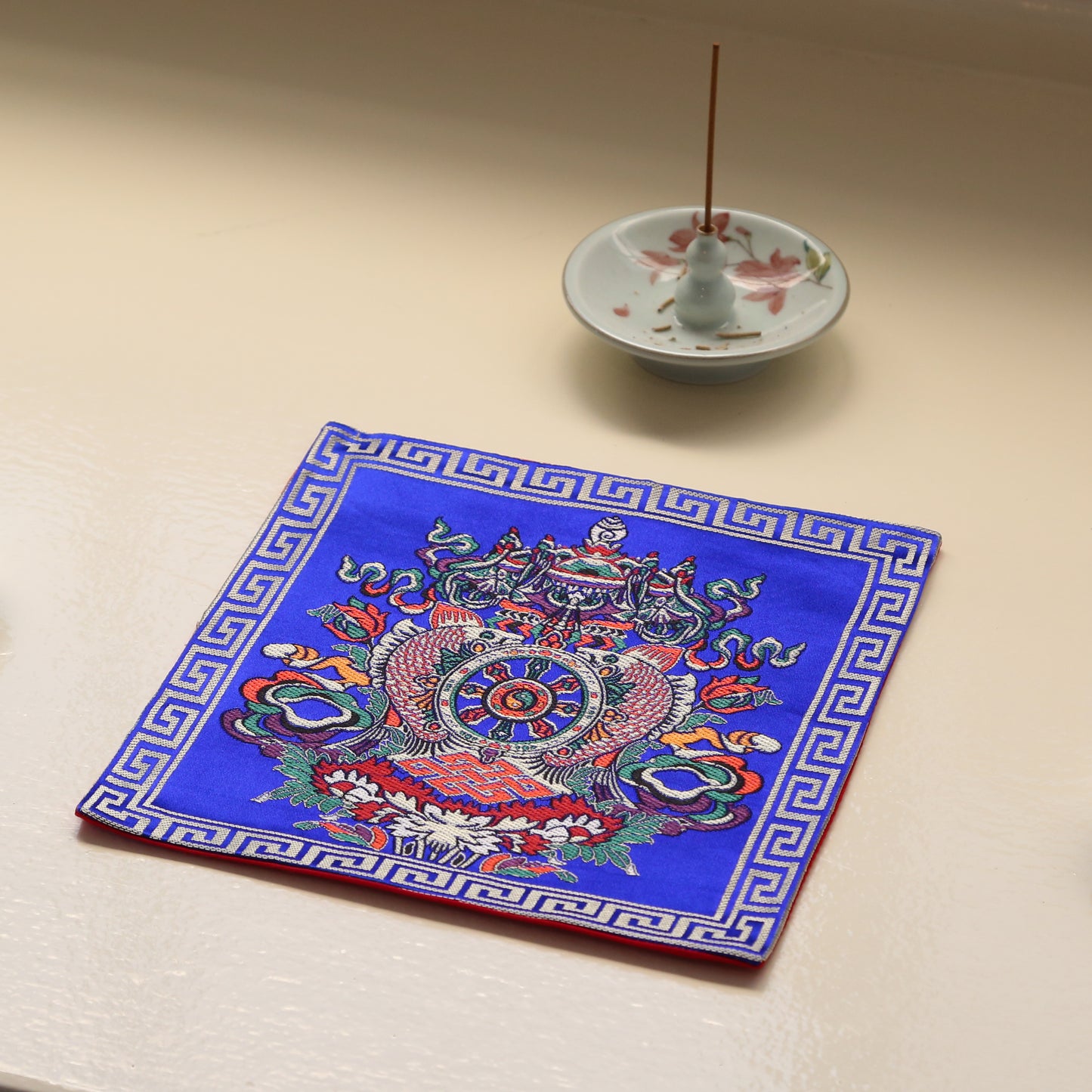 Tibetan Buddhist Ashtamangala Silk Brocade Shrine Table Cover Altar Cloth, 8”X8”, Blue/Red/Yellow