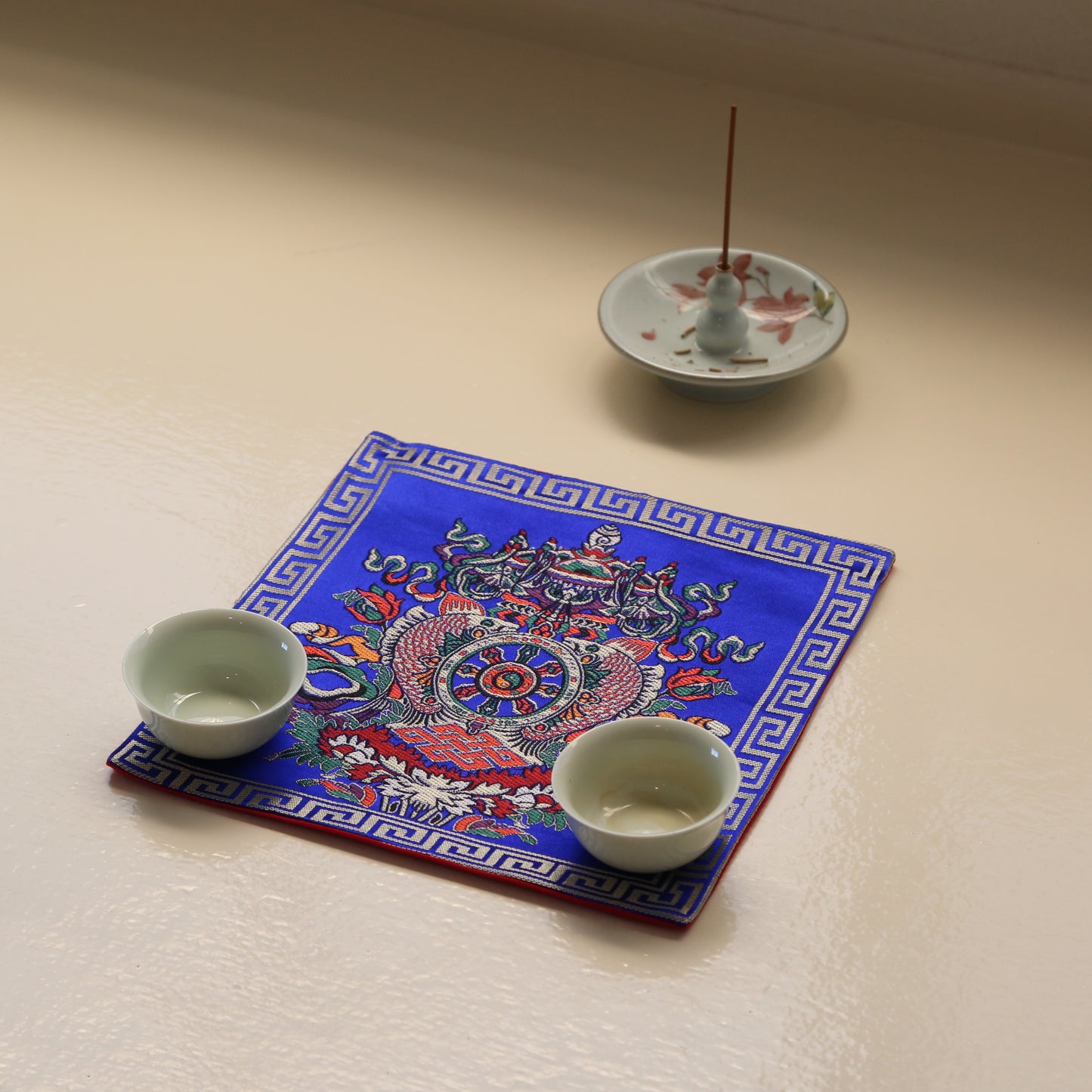 Tibetan Buddhist Ashtamangala Silk Brocade Shrine Table Cover Altar Cloth, 8”X8”, Blue/Red/Yellow