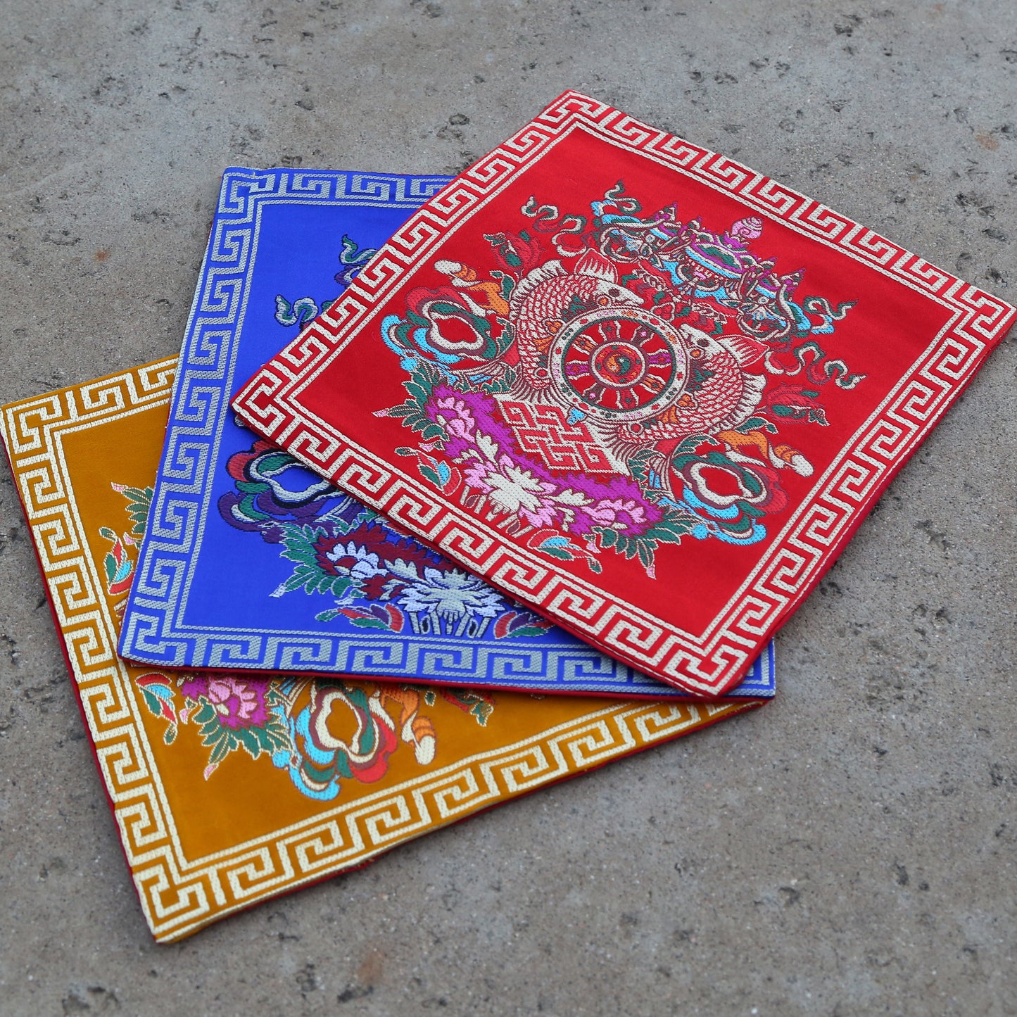 Tibetan Buddhist Ashtamangala Silk Brocade Shrine Table Cover Altar Cloth, 8”X8”, Blue/Red/Yellow