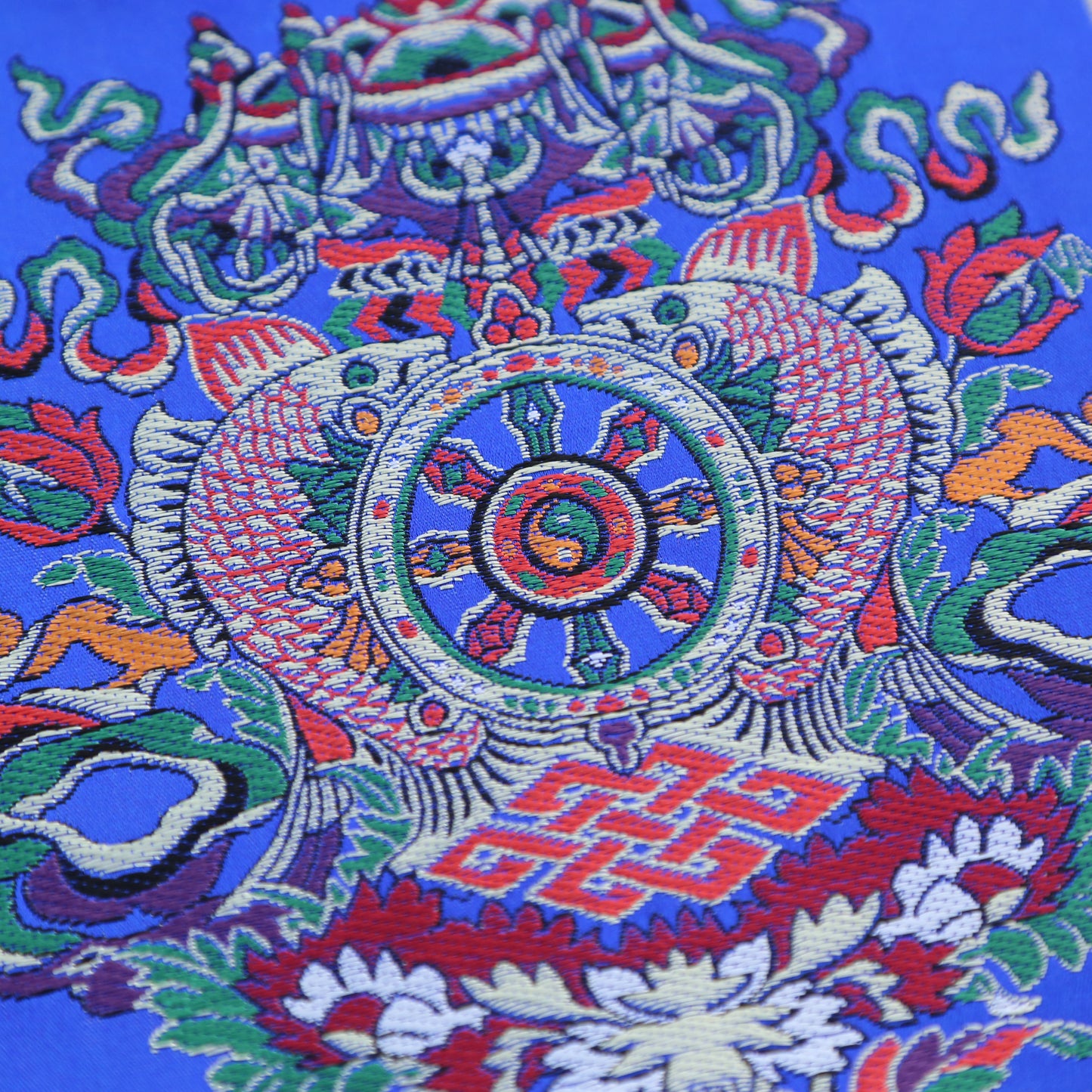 Tibetan Buddhist Ashtamangala Silk Brocade Shrine Table Cover Altar Cloth, 8”X8”, Blue/Red/Yellow