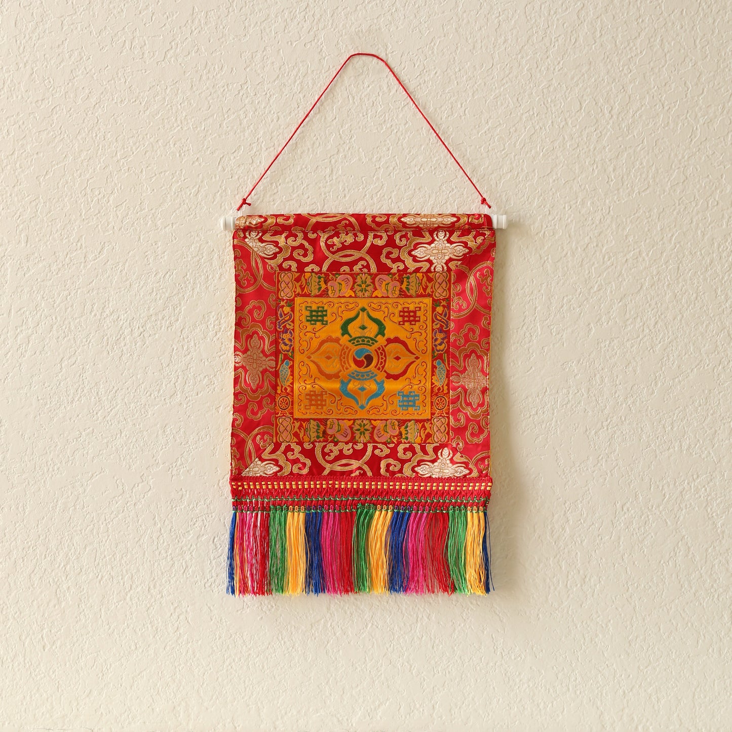 Tibetan Buddhist Cross Vajra Dorje Wall Hanging Tassels Small Tapestry, 18"X12", Namaste Art Boho Gift Home Décor