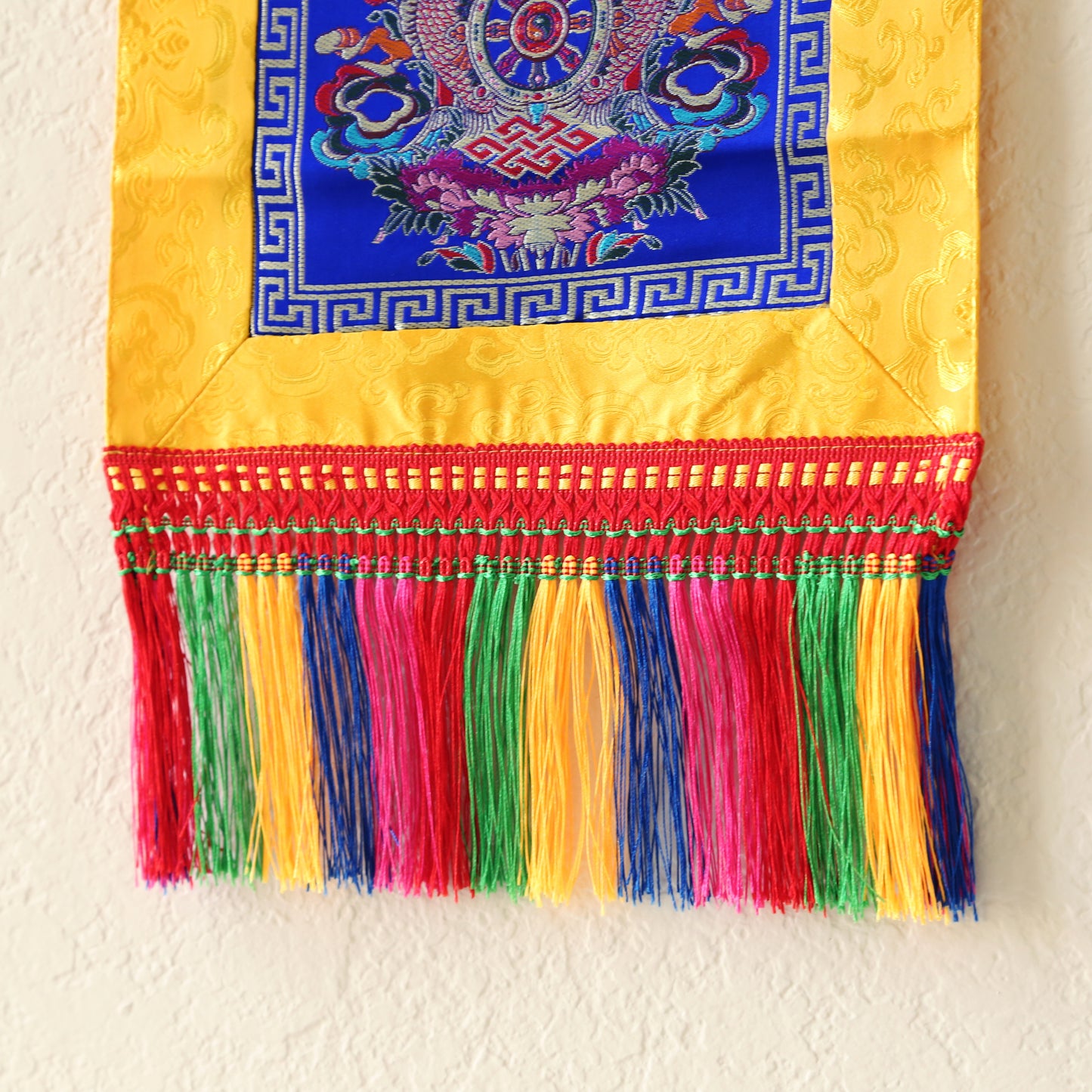 Tibetan Buddhist Ashtamangala Wall Hanging Tassels Tapestry, 18"X12", Namaste Art Boho Gift Home Décor