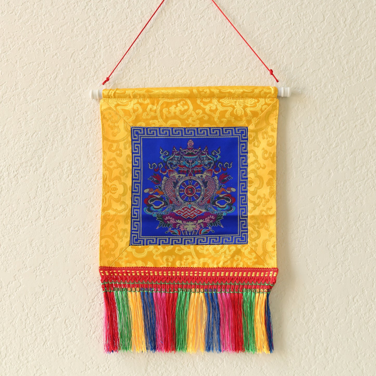 Tibetan Buddhist Ashtamangala Wall Hanging Tassels Tapestry, 18"X12", Namaste Art Boho Gift Home Décor